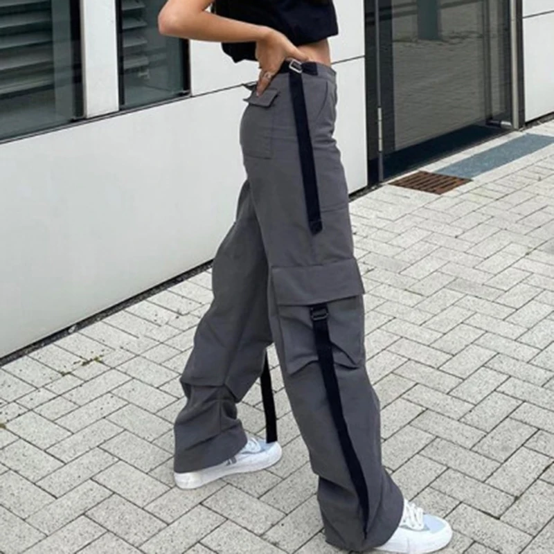 

Streetwear Ribbon Aesthetic Harajuku Woman Cargo Pants 2020 High Waisted Trousers Gray Sweatpants Long y2k Pant female capris