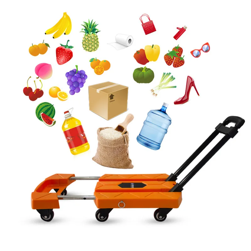 

Goods Trolley Warehouse Platform Trolley Small Trailer Pull Cargo Folding Carry Car Hand Four Wheel Plastic Plate Car Cart