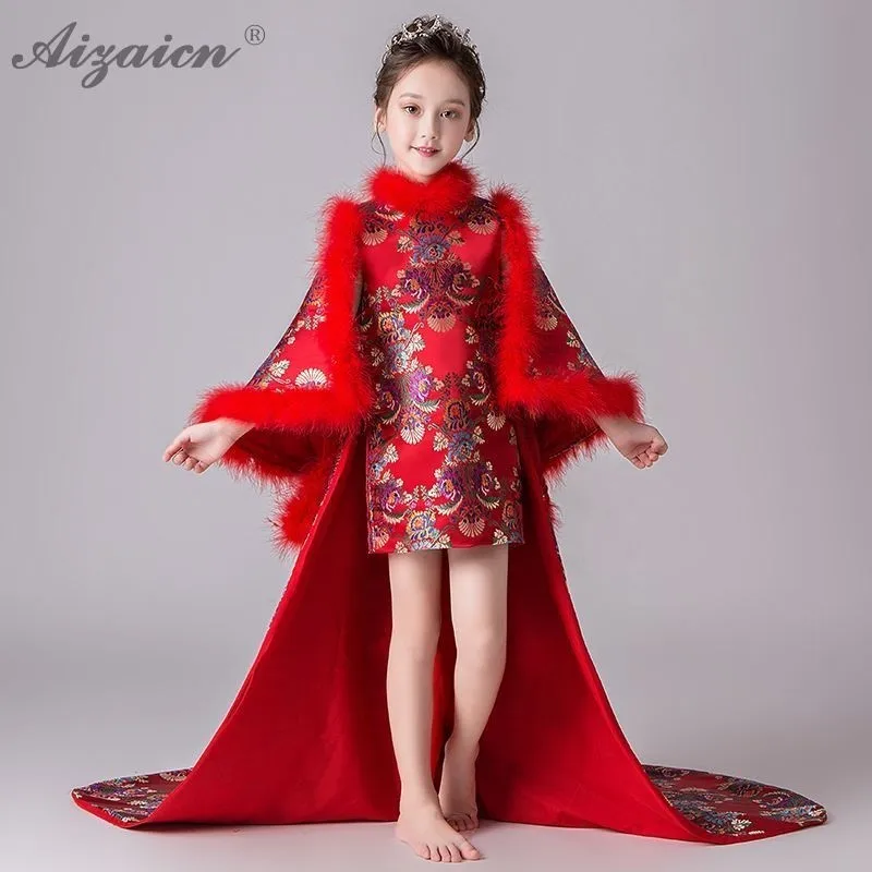 

Winter Satin Girl Cheongsam Kids Princess Dress Children Trailing Evening Dresses Long Red Qipao Baby Chinese New Year Clothes
