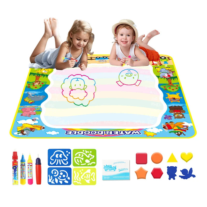 Big Size 100*100cm Cute Animals Water Drawing Mat with Magic Doodle Pens Templates Kids Educational Toys Baby Painting Play Set