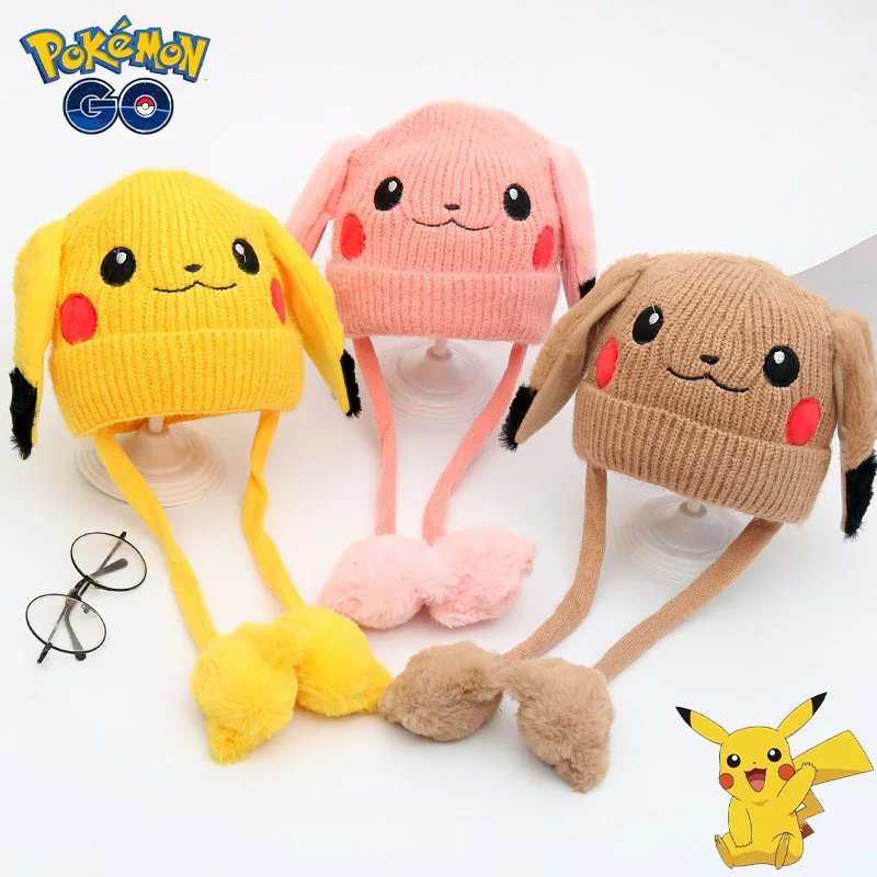 Трикотажная шапка Pokemon Pikachu с мультяшным аниме рисунком движущимися ушками