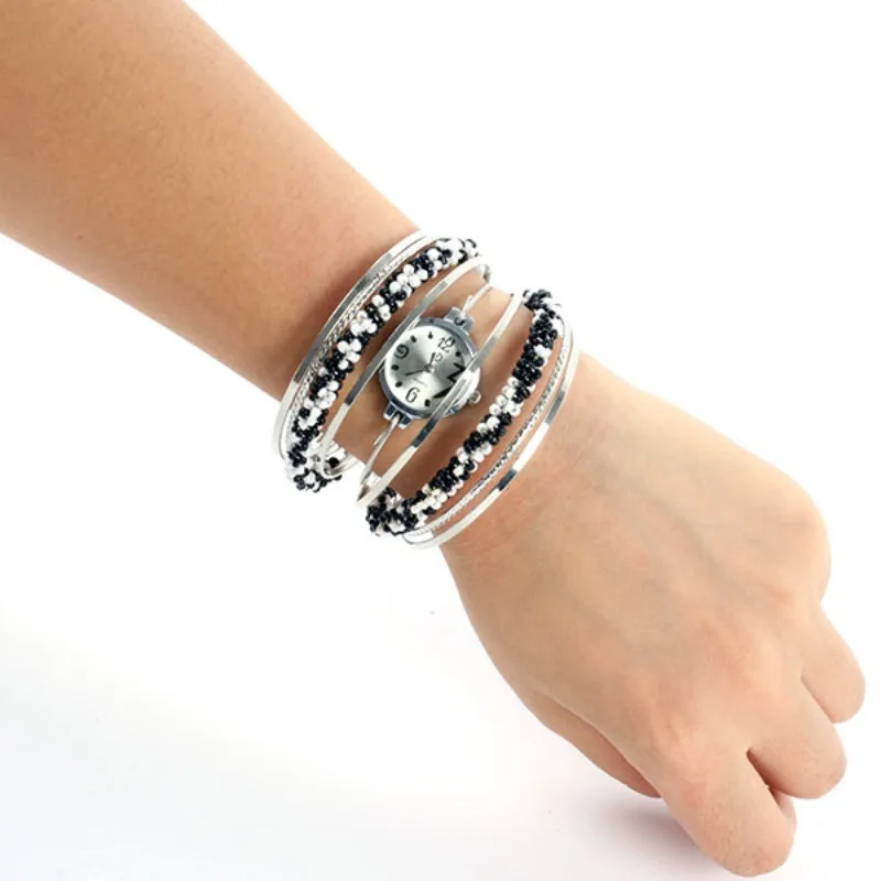 

Chic Girls Student Relojes Steel Wire Crystal Beaded Quartz Wrist Watch Bracelet Bangle Relogio 2Colors
