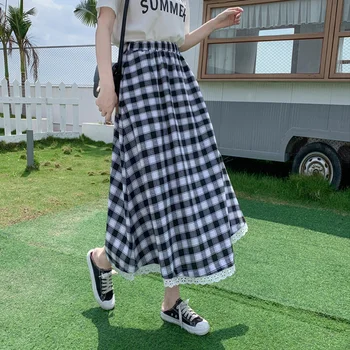 

2020 Black Plaid Long Skirt Preppy Style Korean Checkered Printed Lace Summer Women's Skirts High Waist Jurken Skater Jupe Femme
