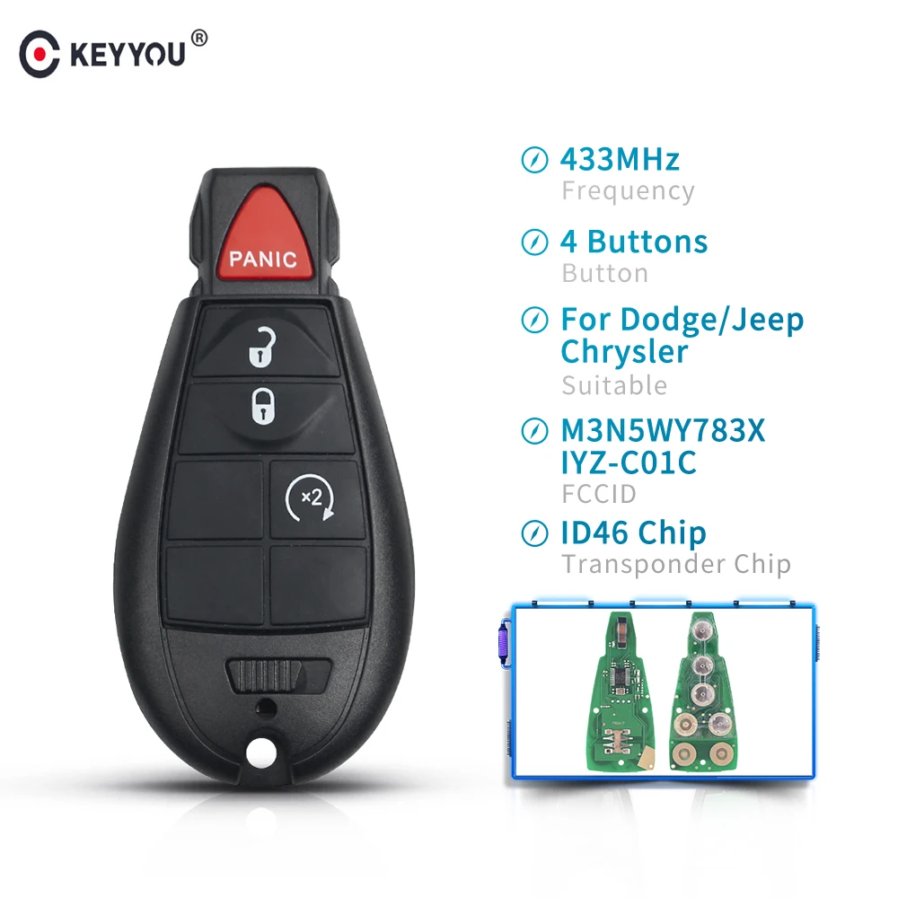 

KEYYOU 3+Panic BTN Remote Car Key For Chrysler Jeep Grand Cherokee 2008 2009 2010 2011 2012 Auto Smart Key M3N5WY783X IYZ-C01C