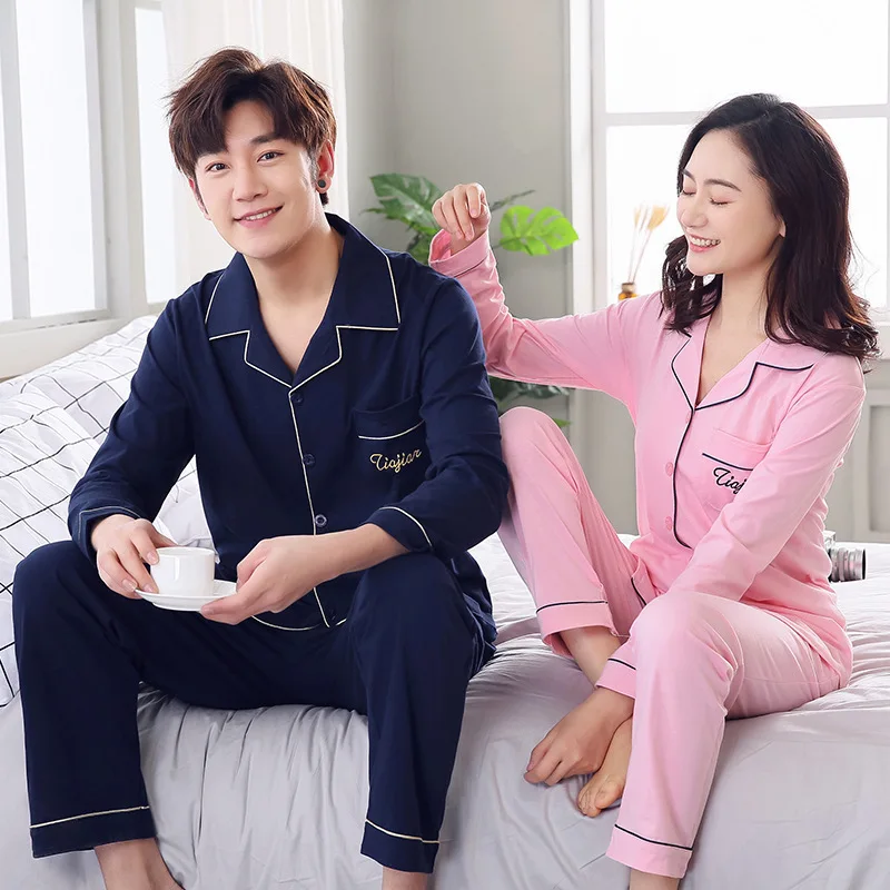 

autumn couple's pajamas women's long sleeve cotton thin type Korean large men's casual home wear suit autumn and winter