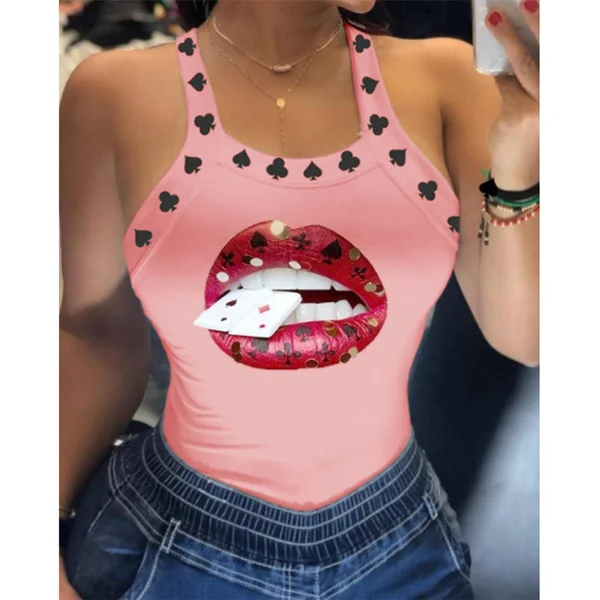 Summer Ladies Harajuku Shirts Slim Fit Polyester Sleeveless Top Tshirts Tank Tops Women U Neck Letter Print Lips Vest D6H284FS