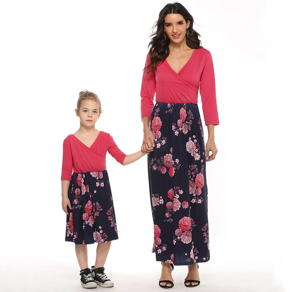 

LOOZYKIT Family Matching Outfits Mom and Daughter Floral Print Patchwork Adult Child Long Dresses Twin Sister Girls Party Dress