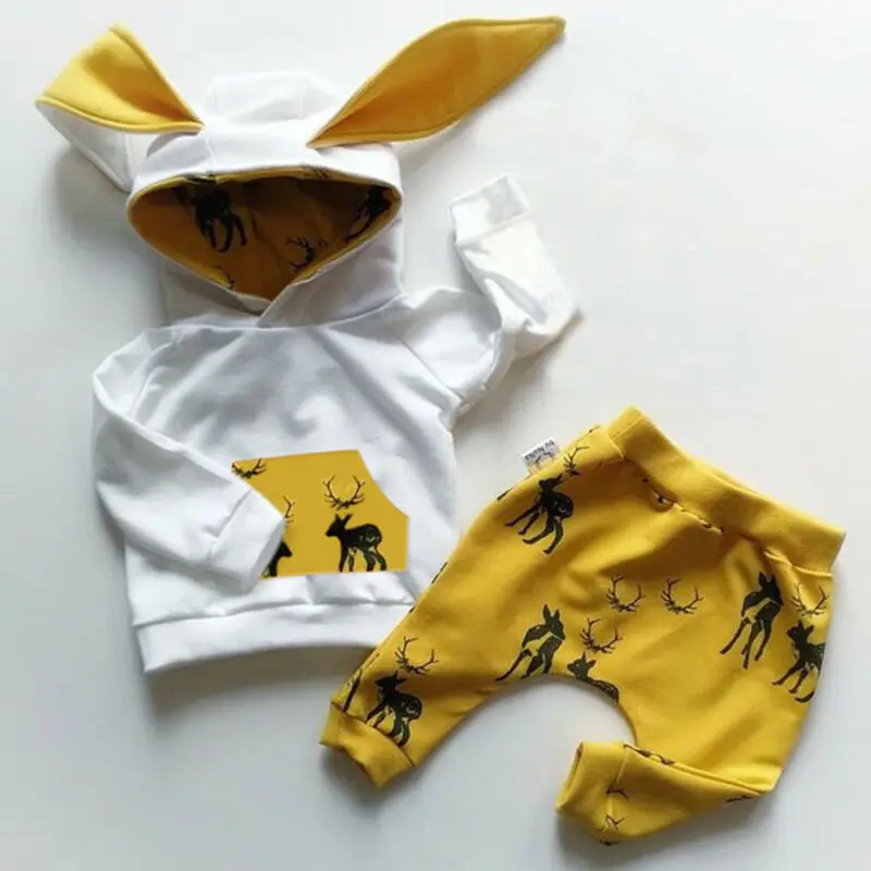 Повседневные комплекты одежды для маленьких мальчиков и девочек топы с капюшоном и ушками для детей от 0 до 24 месяцев, штаны с принтом животных комплект одежды из 2 предметов