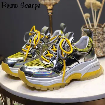 

Casual Women Shoes Lace-up Women Sneakers Mixed Colors Daddy Shoes Round Toe Sneakers Flat Platfrom Real Leather Women Flats New