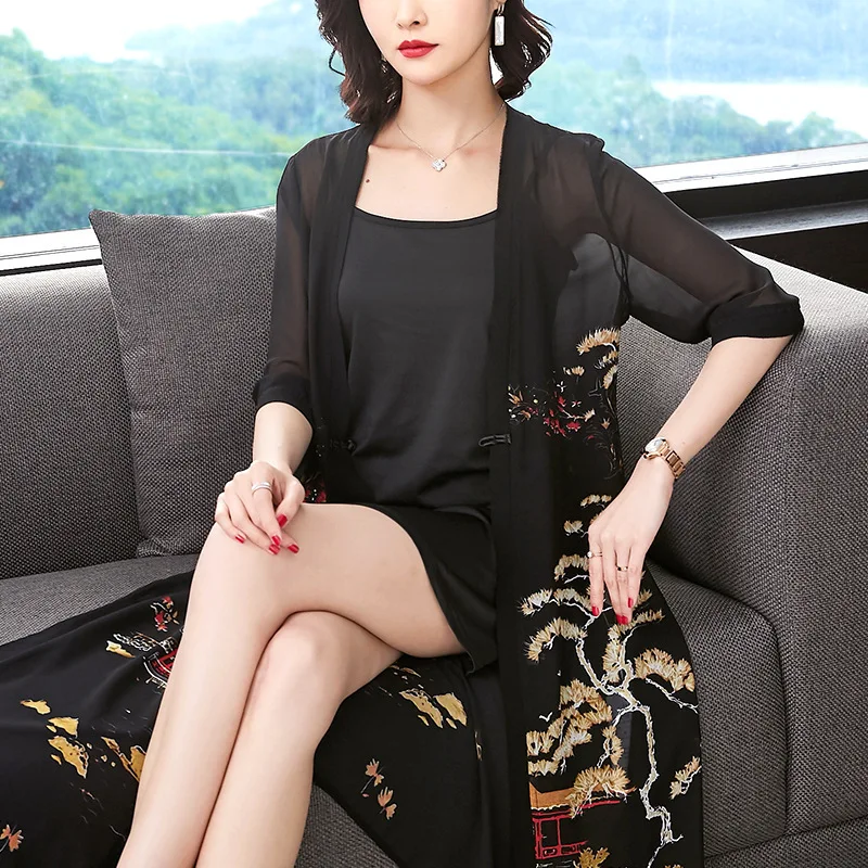 

Summer Outdoor Cardigan Printed Coat Large Size Dress Two-Piece Set Mid-length Chiffon Shawl Airable Shirt