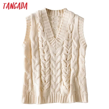 

Tangada fall 2020 women beige twist sweater knitted pullover sleeveless sweater v neck high quality jumper 3H712