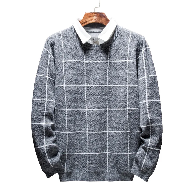 

2020 Autumn and Winter New Fake Two Men's Sweater Slim Pullover for Male Shirt Collar Plaid Shirt Sweater