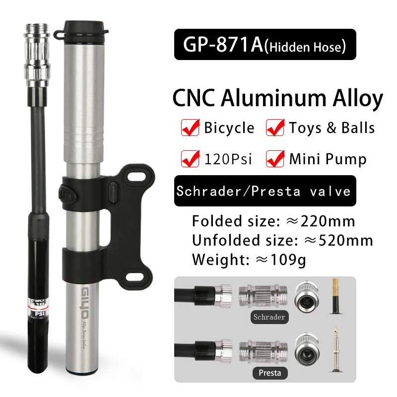 GIYO Bomba de bicicleta pequeña con calibre para Presta y Schrader (máx.  120 psi) Bomba de aire portátil para bicicleta | para carretera y MTB 