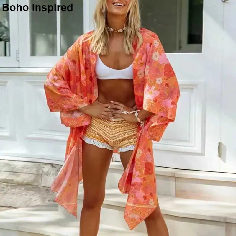 Богемный Вдохновленный цветочный принт кимоно с длинными рукавами летнее кимоно блузка для женщин свободный крой женские топы пляжная туника одежда