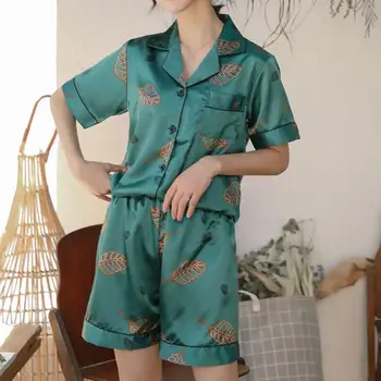 

Women Print Pajamas Fashion Short Sleeve Shorts Loose Simulation Silk Sleepwear Set Nachthemden Batas Para Dormir Mujer 2019 Y