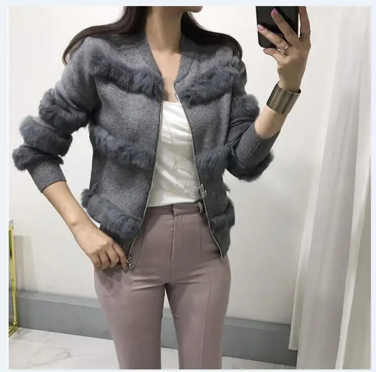 D00734 gray Шикарный Кролик Мех пэчворк теплая трикотажная куртка Джерси для женщин молния дизайн свитера Кардиган элегантный женский вязаный пальто - Цвет: D00734 gray