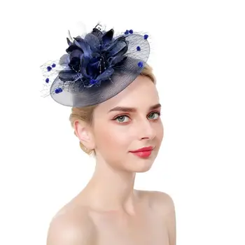 

Ladies Derby Netting Mesh Big Blooming Flowers Feather Fascinator Hat Pompom Beaded Tea Party Wedding Bridal Hair Clip Headwear