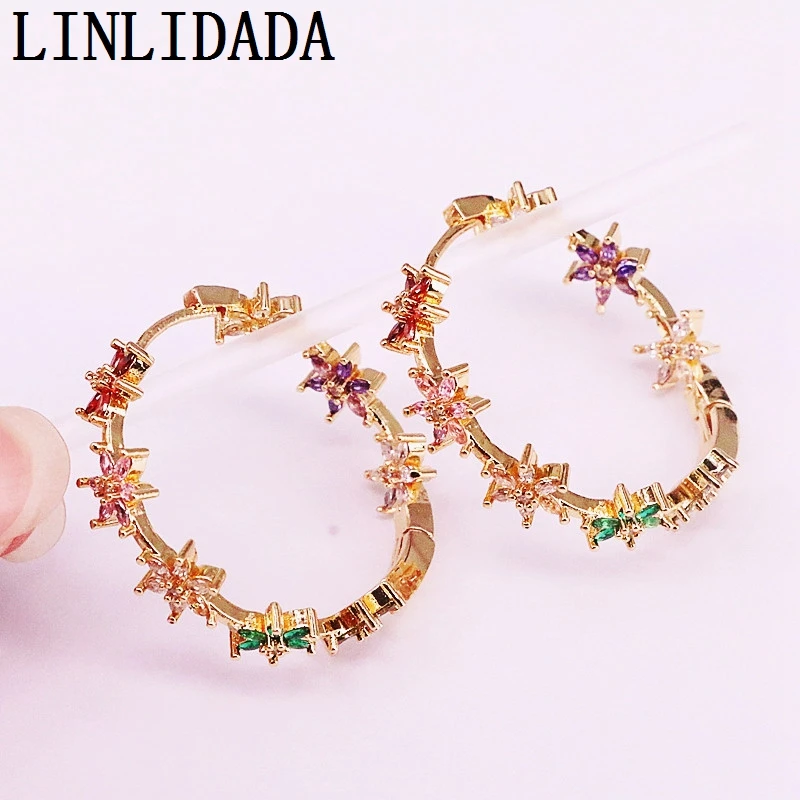 

4Pairs Rainbow Multicolor Zirconia Cz Micro Pave Gold Color Fashion Flower Round Circle Earring For Women Party Jewelry