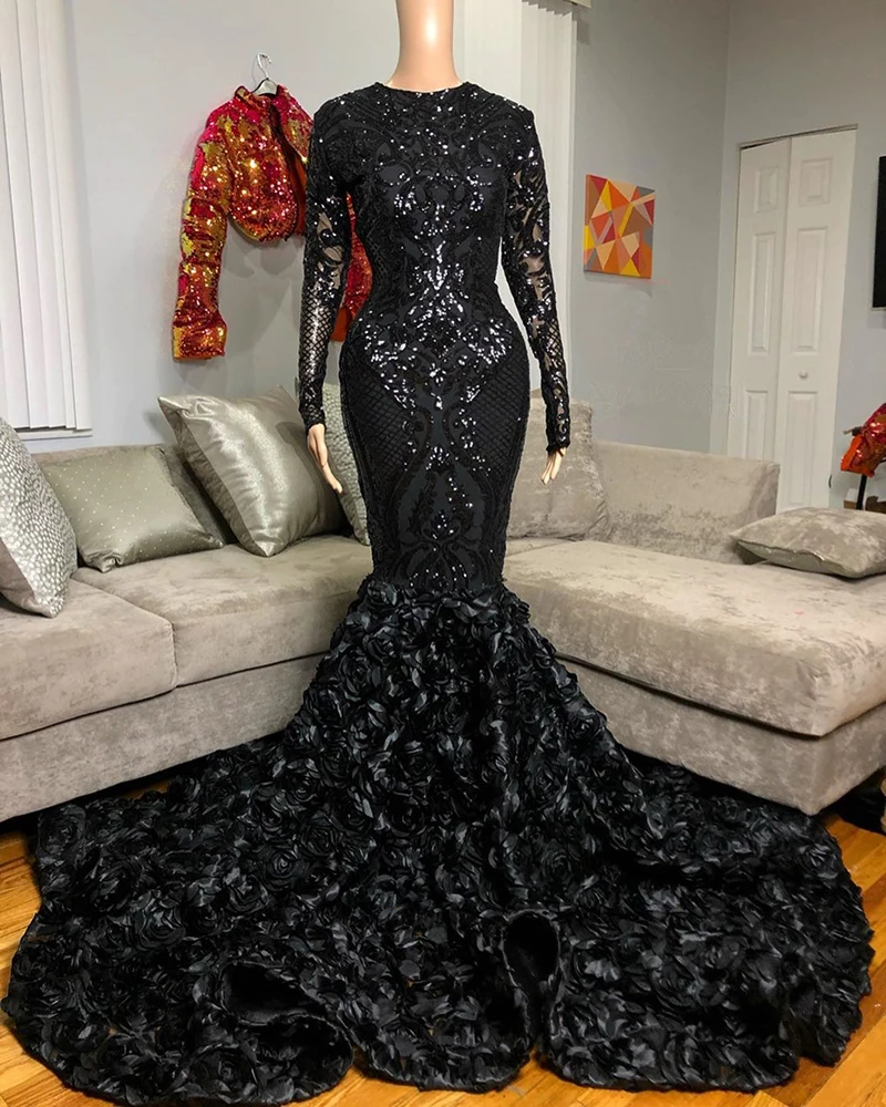 

Sexy Black Long Mermaid Prom Dresses 2020 New Long Sleeve O Neck Sequined Flower Formal Evening Dress Party Gowns