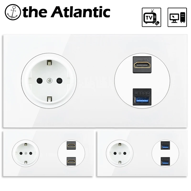 Plug Tomada de Energia Hdmi Usb 3.0 Dados Jack Porta Transferência Dados Tomada Parede para Computador pc tv Quadro Vidro Branco Espanha Adaptadortomadas Elétricassoquete ue