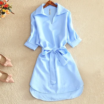 

Chiffon Blouse Shirts Long Women Blouse Casual Office Lady Style Women Shirts Sexy Short Dress Solid Ladies Tops Chemisier Femme