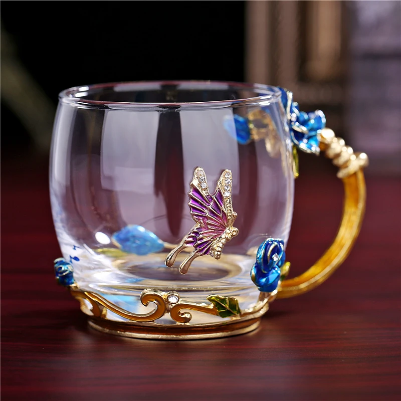 Enamel Crystal Cup Flower Tea Glass High-grade Glass Water Cup Flower Mug with Handgrip Perfect Gift For Lover Wedding