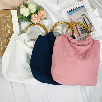 

B02131 Simple Style Solid Color Canvas Bag Women 2020 New Fashion Handbags Ladies Big Capacity Totes with Bamboo Handle