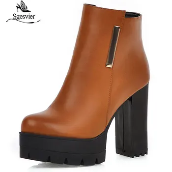 

Sgesvier Platform Boots Women High Heels Thick Ankle Boot Female Metal Shoes Ladies Round Toe Shoes Winter 2020 New Big Size 48