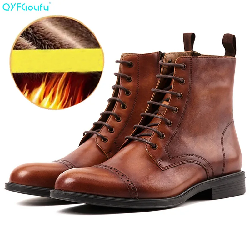 QYFCIOUFU; коллекция года; мужские Ботинки Martin из натуральной коровьей кожи; модная зимняя теплая обувь с высоким берцем; высококачественные ботильоны в байкерском стиле