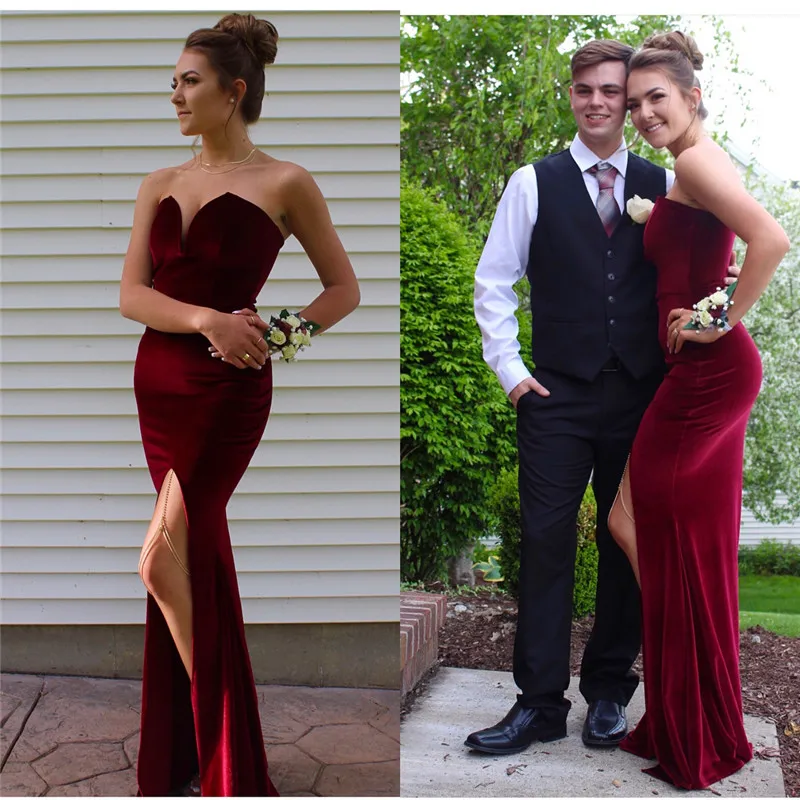 Side Split Velvet Long African Prom Dresses 2019 Cheap Elegant Sweetheart Burgundy Formal Evening Party Special Occasion Gowns
