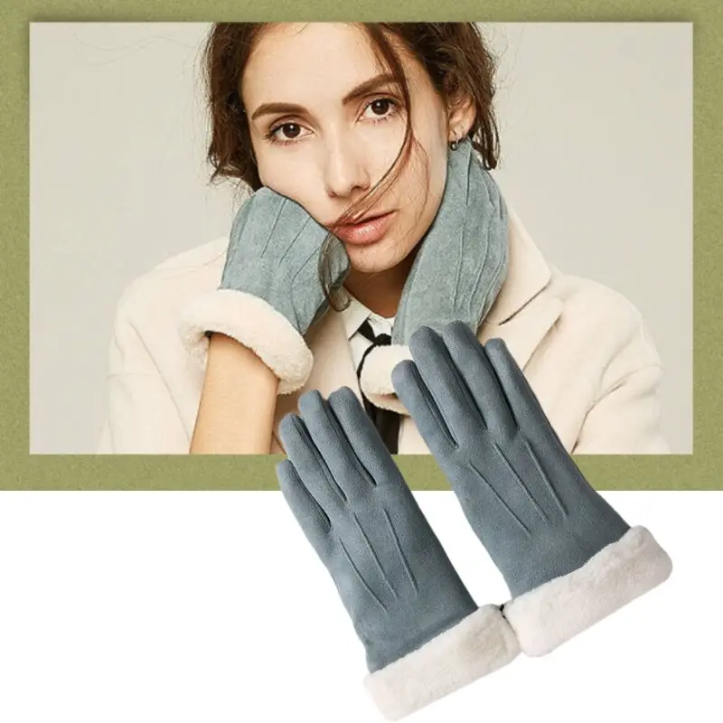 

Womens Girls Autumn Winter Touchscreen Gloves Solid Color Plush Cuff Thermal Thick Lining Suede Mittens Driving Ski Wrist Warmer
