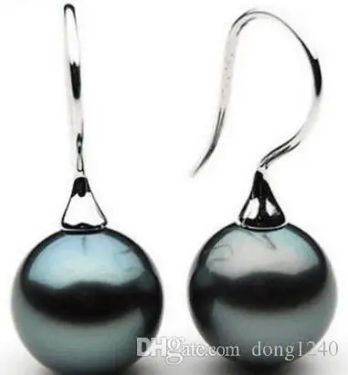 HUEG par de 10-11mm Mar del Sur genuino de plata negro perla verde pendiente de plata 925