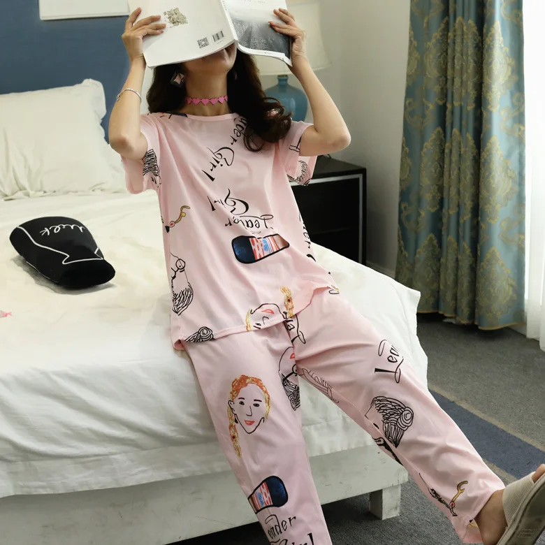 

Summer Pajamas WOMEN'S Short Sleeved Trousers Set Powder Head M-XXL (13 Yuan) 110 Grams 2019 New Style