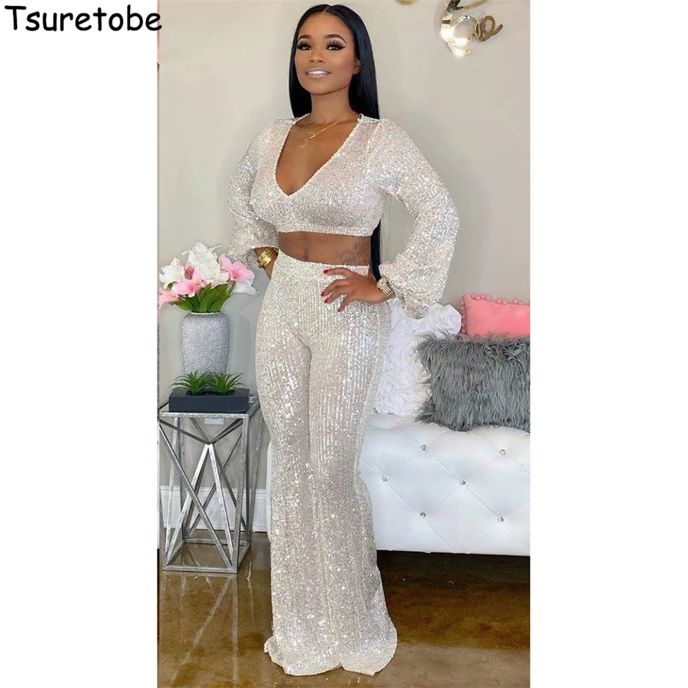 Женский осенний спортивный костюм Tsuretobe с блестками короткий топ пышными