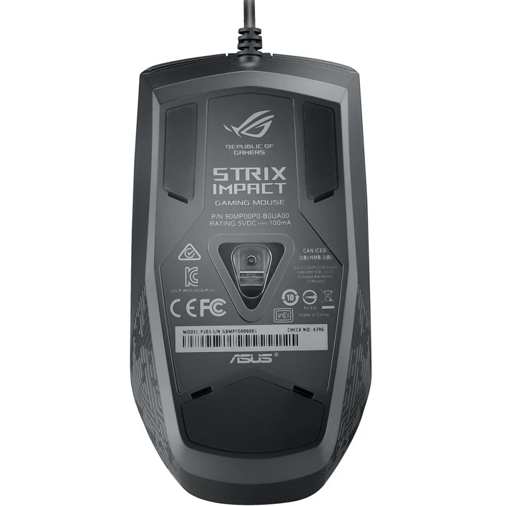 Мышь ASUS ROG Strix Impact 90MP00P0-B0UA00 оптическая, проводная, 5000 dpi, USB, RGB подсветка, цвет: черный