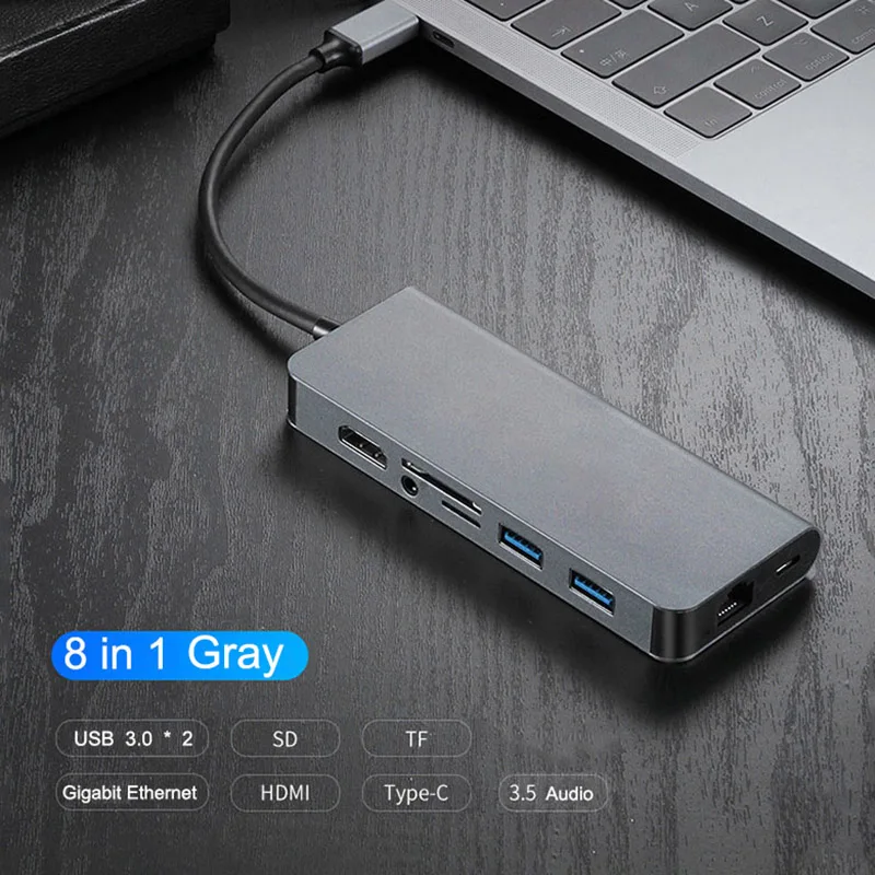 8 в 1 type C концентратор USB-C-HDMI RJ45 Gigabit 3,5 мм аудио SD TF кардридер USB3.0 PD зарядный USB-C Кабель-адаптер для ноутбука Mac - Цвет: Серый