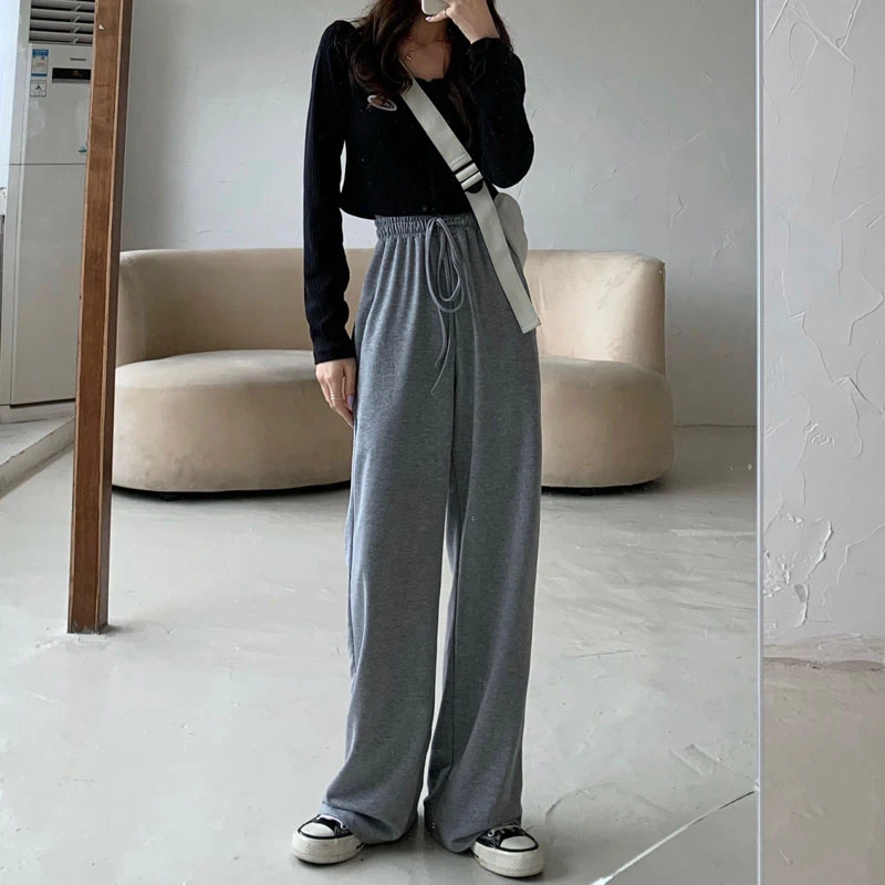 

HOUZHOU 2020 Summer Grey Wide Leg Pants Women Korean Style High Waist Trousers Women Students Loose Straight Black Wide Pants