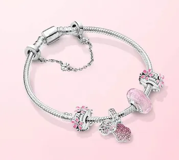 

Original 925 Sterling Silver Beaded Bracelet Pink Daisy Flower Clip Charm Bangle For Women Wedding Gift Fashion Jewelry