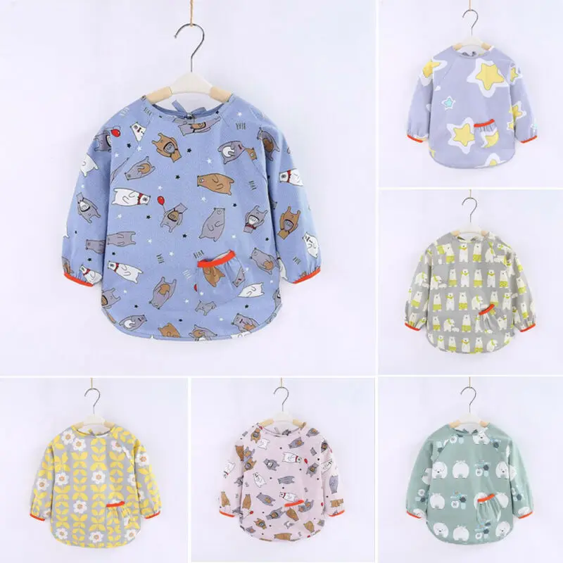 

1 pieces cute cartoon baby apron waterproof infant S M L eat kids drawing long sleeve apron baby self-feeding bib