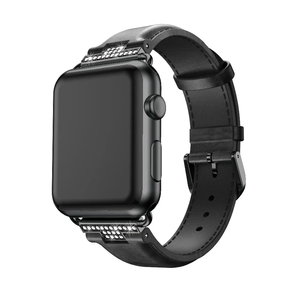 Ремешок из натуральной кожи для Apple Watch серии 5 4 3 2 Стразы браслет с бриллиантами для iWatch ремешок 38 мм 40 мм 42 мм 44 мм ремни