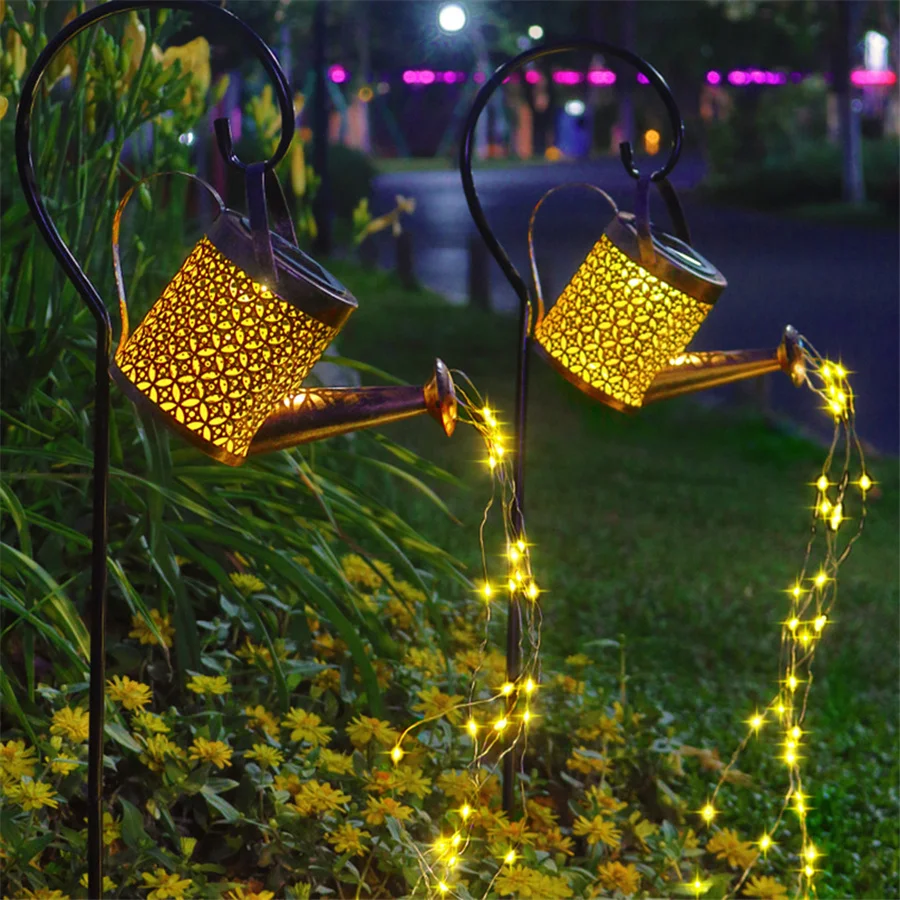New Outdoor Waterproof Solar Led Watering Can Lamp Iron Hollow-out Shower Lawn Landscape Christmas Fairy Lights For Garden Decor