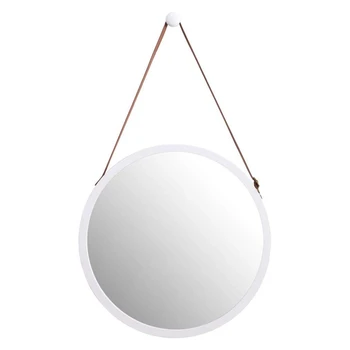 

Hanging Round Wall Mirror in Bathroom & Bedroom - Solid Bamboo Frame & Adjustable Leather Strap (White, 15 Inch)