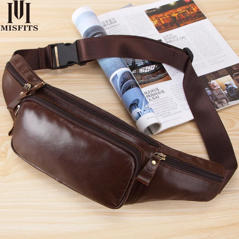 

MISFITS 2020 Genuine Leather Crossbody Bag Waterproof Men's Bags travel Anti-theft waist bag Large Capacity Hiking Shoulder Bags