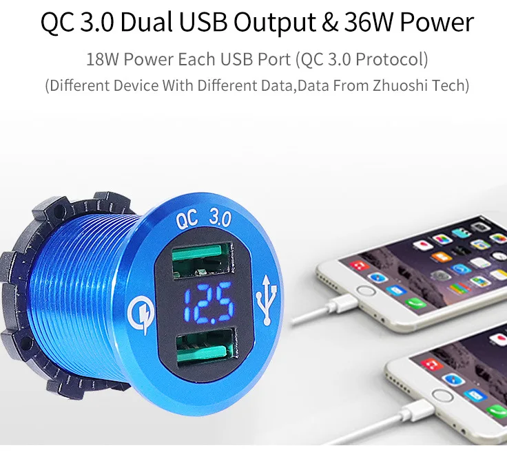 QC3.0 автомобильный мотоцикл Usb Автомобильное зарядное устройство измеритель напряжения вольтметр быстрое зарядное устройство для смартфонов мобильный телефон автомобильная зарядка