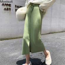 Осень-зима, женские прямые юбки с высокой талией, эластичная талия, шнуровка, средняя длина, корейская мода, юбки для женщин