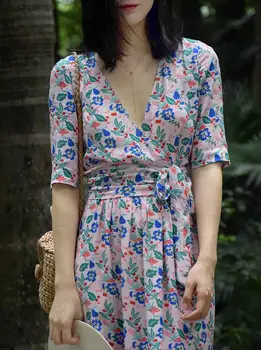 

Mid-length printed robe floral dress V neck A-line dress in soft viscose printed with belt