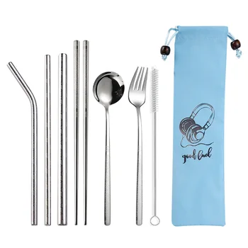 

Cutlery Set Reusable Metal Drinking Straws 8 Pcs 304 Stainless Steel Sturdy Bent Straight Drinks Straw/Fork/Spoon/Chopsticks