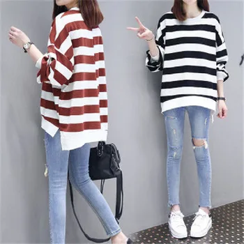 

Free Shipping Women Thin Stripes Hoodie Ladies Loose Top Plus-size Wear Student Wear Autumn Wear