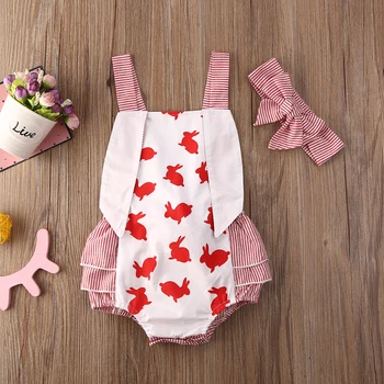 

Emmababy Newborn Baby Girl Clothes Easter Rabbit Print Striped Backless Romper Jumpsuit Headband 2Pcs Outfits Sunsuit Clothes