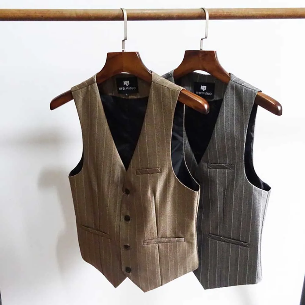 Men's Retro Suit Waistcoat Fashion British Slim Striped Vest Korean Youth Sleeveless Jacket Office Party Smart Casual Clothing
